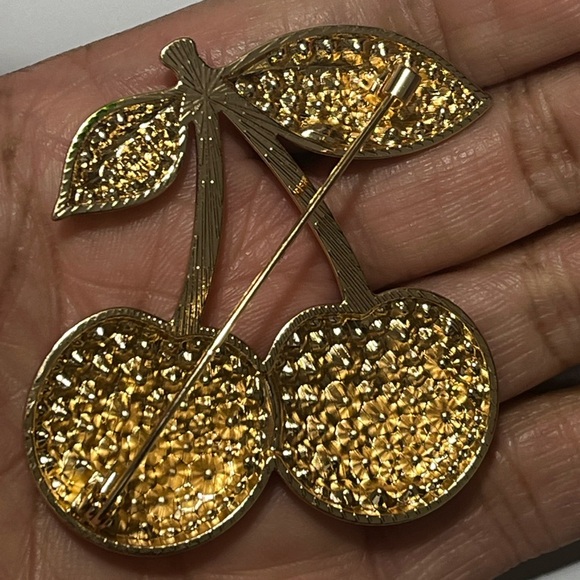 Red Cherry Brooch with Green Leaves - Picture 3 of 6